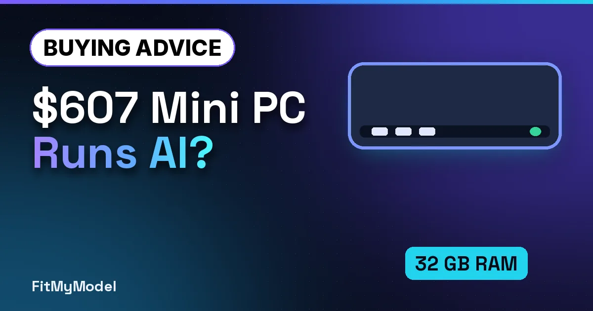 Thumbnail: “$607 Mini PC Runs AI?” beside a Minisforum NAB6 Lite maker photo with a 32 GB RAM tag